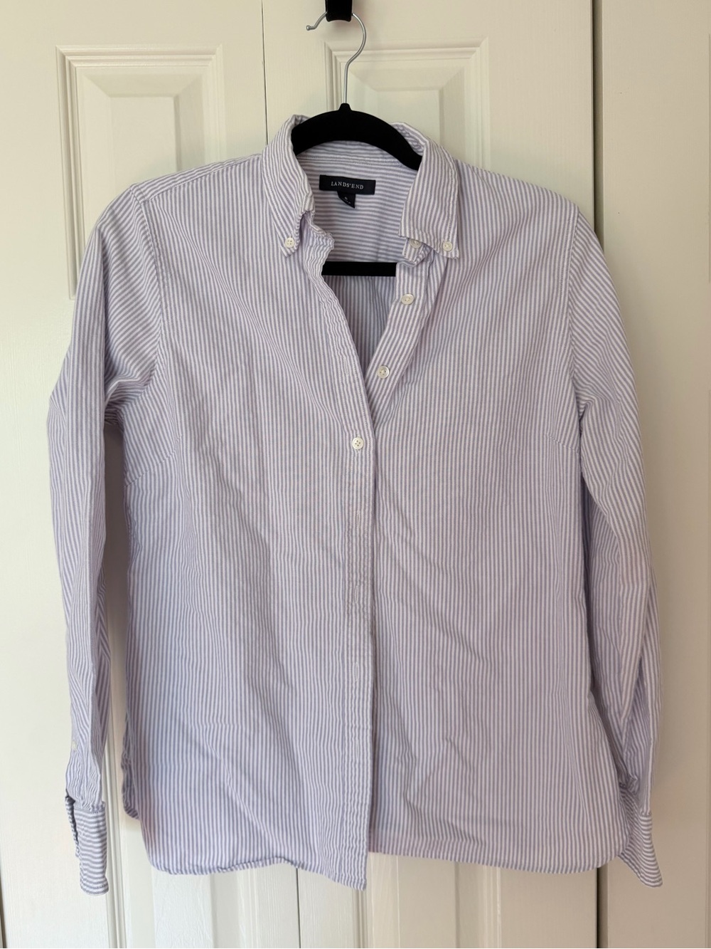 Lands' End Women’s Lavender and White Pinstripe Button-Down Shirt